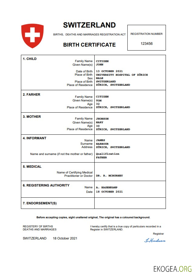 Modèle Word et PDF d'acte de naissance d'acte d'état civil en Suisse